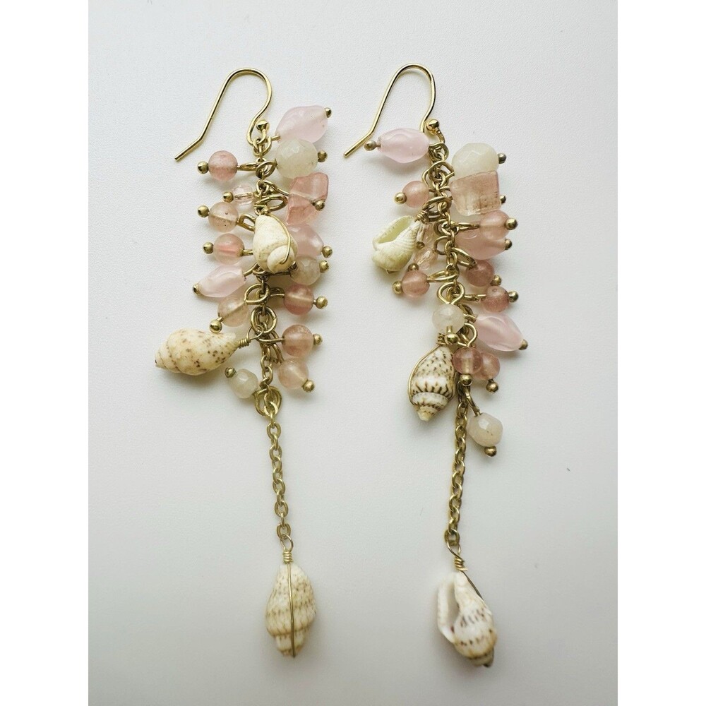 Gold Tone Pink Bead Sea She’ll Dangle Earrings